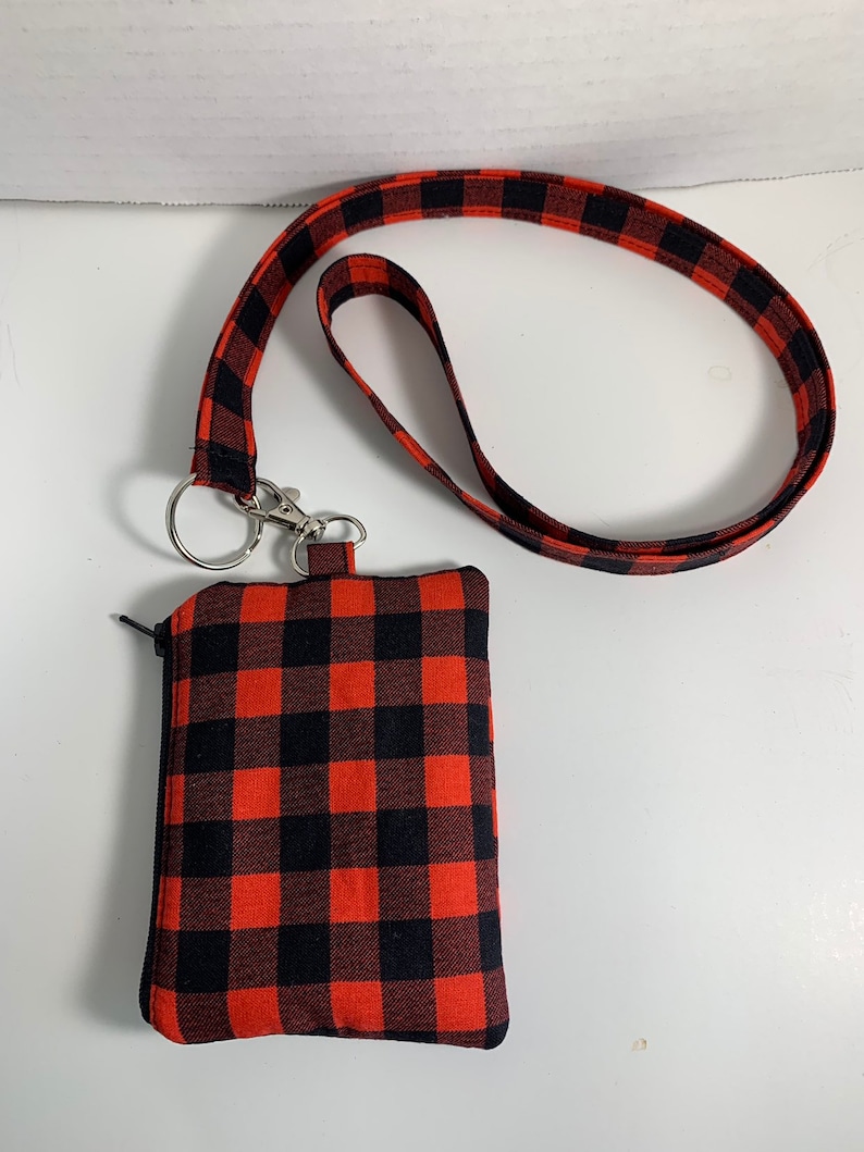 Buffalo checkered Wallet ID Pouch with lanyardred and black ID pouch with lanyardID holder with zipper pouchlanyardBadge case.