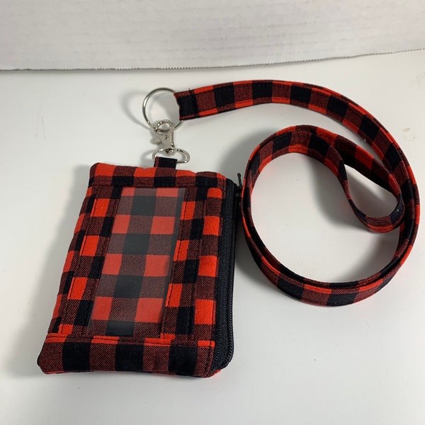 Buffalo checkered Wallet ID Pouch with lanyard//red and black ID pouch with lanyard//ID holder with zipper pouch//lanyard//Badge case.