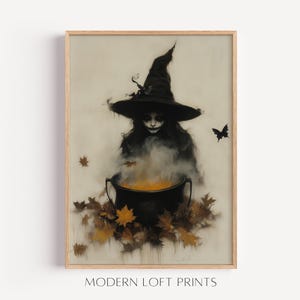 Halloween Witch Cauldron Wall Art - Rustic Autumn Witch Painting, Moody Gothic Fall Printable Decor, Magic Scene Artwork 4