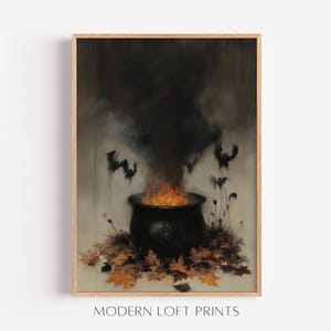Vintage Witch’s Cauldron Wall Art - Rustic Autumn Halloween Painting, Dark Spooky Fall Scene, Gothic Witchcraft Artwork 3