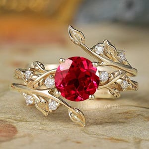 Ruby Enhancer Ring Set Pear Cut Lab Ruby & Moissanite Leaf Engagement Ring Bridal Set 14k 18k Gold Wedding Band