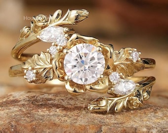 Blooming Rose Moissanite Ring Set, Floral Engagement Ring, Leaf Gold Wedding Band