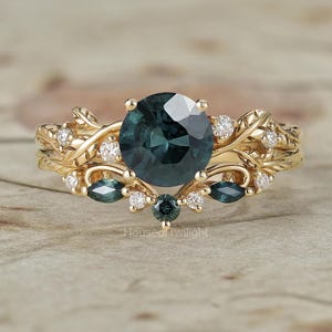 Teal Sapphire Engagement Ring Set: Gold Leaf Band, Moissanite Accents