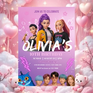 Op de afbeelding: Een verjaardagsuitnodiging met een roze en paars thema. De uitnodiging toont drie geanimeerde meisjes, de tekst "OLIVIA'S 10TH BIRTHDAY" en andere evenementdetails. Roze bliksemschichten en een blauwe kat zijn ook inbegrepen.