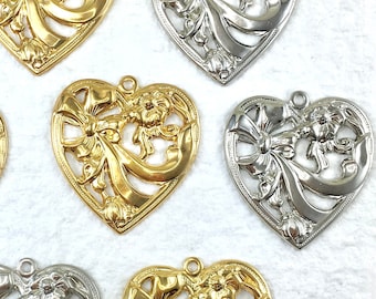 8 Vintage Large Heart Charm Filigree Pendant Stamping 35mm x 38mm Gold plated Nickel Silver Plated large metal filigree 40's stamping design