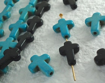 4 Sideways Cross Stone Charm Howlite GemStone Cross Beads - Turquoise & Black Cross Beads - 1/2 x 3/4 inch - 12mm x 16mm  Natural Beads