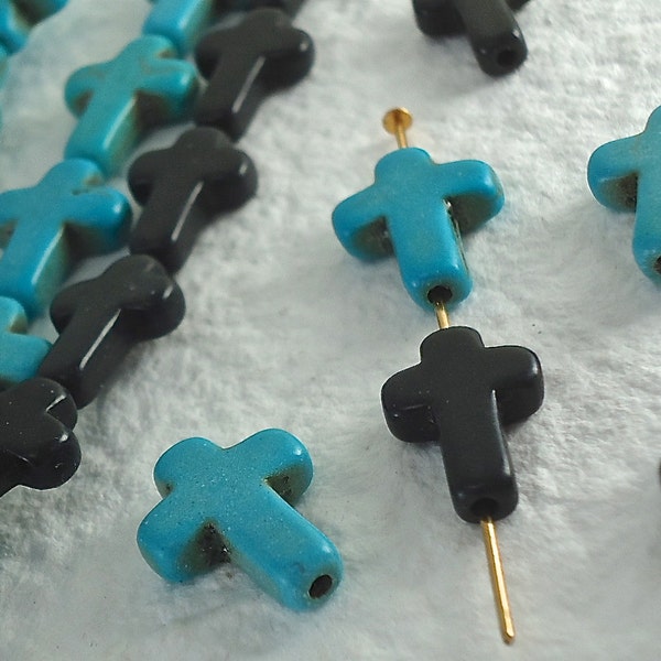 4 Sideways Cross Stone Charm Howlite GemStone Cross Beads - Turquoise & Black Cross Beads - 1/2 x 3/4 inch - 12mm x 16mm  Natural Beads