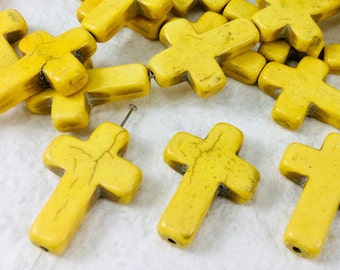 2 Stone Cross Pendant Beads Yellow dyed Howlite Gemstone 22mm x 30mm Large Pendant Cross Religious Charms sideways cross Natural Beads