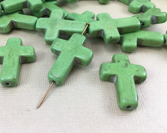 2 Green Stone Cross Pendant Sideways Charm Beads dyed Howlite 22mm x 29mm Religious Cross Natural Beads diy jewelry making beading stringing