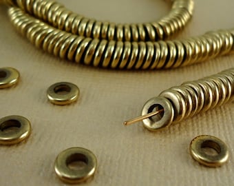 40 Solid Brass Beads Heishi Disk 6mm Flat Round Rondelle Beads disc Spacer Big Large Hole 3mm * Loose Metal Brass washer Natural beads