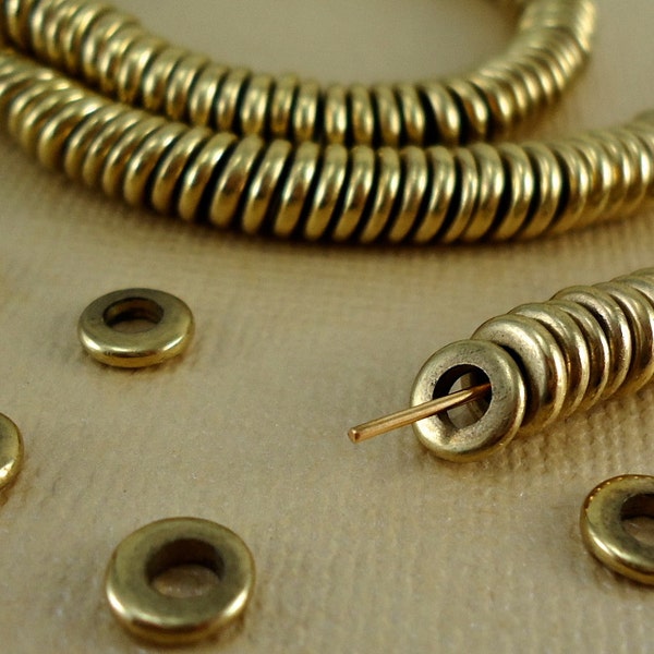 40 Solid Brass Beads Heishi Disk 6mm Flat Round Rondelle Beads disc Spacer Big Large Hole 3mm * Loose Metal Brass washer Natural beads