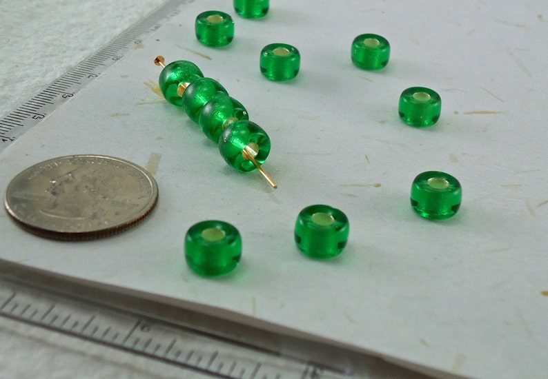 20 Glass Beads 9mm Vintage Czech Pony Trade Emerald Green Tribal BOHO Large Hole beads