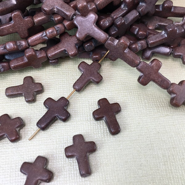 4 Sideways Cross Brown Stone Charm Howlite GemStone Cross Beads 1/2 x 5/8 inch Natural Beads diy beading bracelet necklace earrings anklet