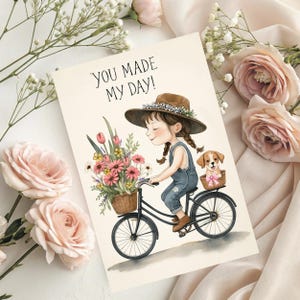 Whimsical Girl With Puppy And Flowers - Greeting Card Blank , all occasion Card