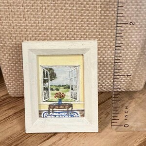 Hand painted miniature original  watercolor painting of a window view of a rolling fields and trees, framed, tiny art, 1” x 1.5”