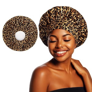 Leopard Print Satin Bonnet – Adjustable Sleep Cap for Curly, Natural & Protective Hair Care