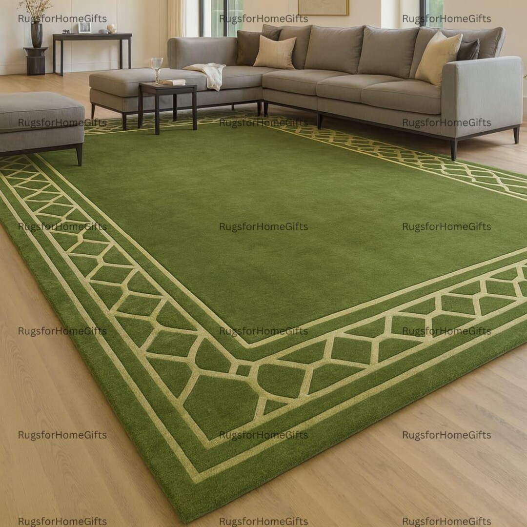 Olive Green and Gold Area Rug – Modern Minimalist Carpet With Geometric ...