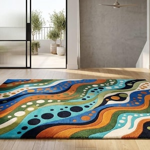 3D Textured Wavy Wool Rug - Vibrant Abstract Hand-Tufted Area Carpet - Modern Maximalist Funky Home Decor - Custom Sizes
