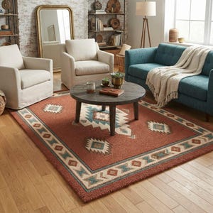 Hand-Tufted Wool Rug Southwestern Terracotta Area Rug, Native-Style Geometric Boho Carpet Rust Teal Living Room Decor Custom Large Floor Rug