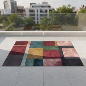 Hand Tufted Wool Rug Geometric Color Block Abstract Teal Maroon Mustard Pink Green Modern Boho Area Rug