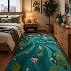 Könnte beinhalten: Türkis-blauer Teppich mit Seerosen-Design. Der Teppich hat ein fließendes Muster mit Seerosenblättern und rosa Seerosenblüten. Der Teppich liegt in einem Schlafzimmer mit Bett, Nachttisch und Kommode.