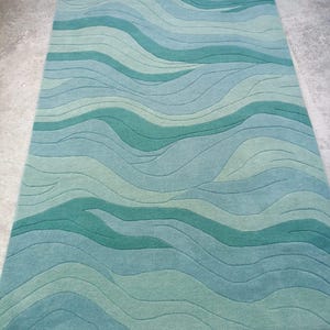 Handgetuft wollen vloerkleed: 3D golfpatroon, turquoise groen, modern golvend tapijt, hoog-laag pool, esthetisch vloerkleed voor woonkamer/slaapkamer, op maat gemaakt.