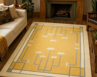 Hand-Tufted Ginkgo Leaf Area Rug—Mustard Yellow Slate Blue Art Nouveau Carpet, Mission Style Arts & Crafts Decor, Custom Size Rug