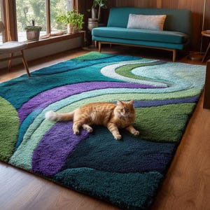 May include: A colorful area rug with a wave-like pattern in shades of teal, green, purple, and white. An orange tabby cat is lying on the rug. The rug is a plush, textured material, adding a cozy feel to the room.