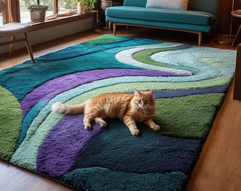 Handmade Abstract Multicolor Area Rug – Teal, Aqua, Green & Purple Wave Design | Modern Retro Rectangle Carpet for Living Room or Bedroom