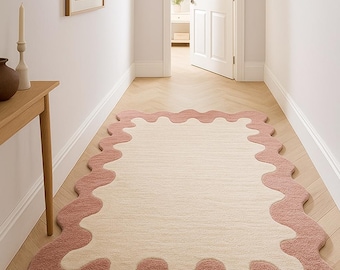 Irregular Wavy Edge Area Rug 5X7 7X10 8X10 9X12 Cream & Blush Pink Modern Abstract Carpet for Hallway, Bedroom, Living Room, or Entryway