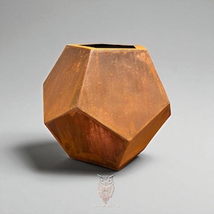Corten steel vase, garden furniture and decoration, sculptural dodecahedron