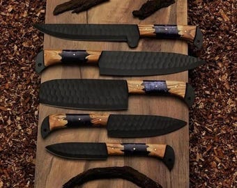 Handgeschmiedetes Damast Kochmesser-Set | Griff aus Palisander