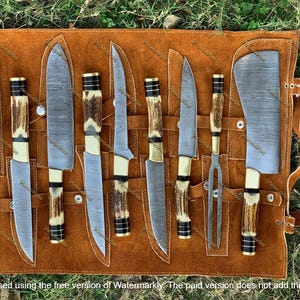 Handmade Damascus Hunting Knives, Outdoor Camping Kitchen Chef Butcher Knife Deer Antler Set of 9, Wedding Gift Groomsmen Gift Birthday Gift