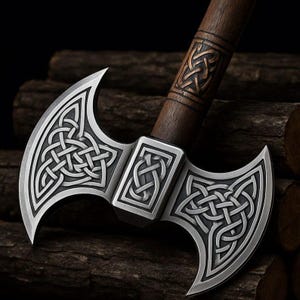 May include: A double-bladed axe with a dark wooden handle and a steel head. The axe head features intricate Celtic knot designs. The handle has a carved design near the head. The axe is displayed on a bed of dark wood.