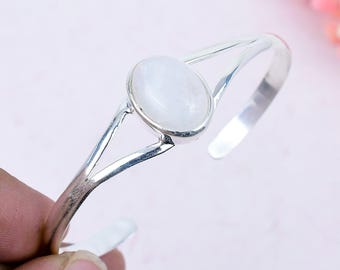 Oval Moonstone Cuff Bracelet, 925 Sterling Silver, Adjustable Boho Bangle