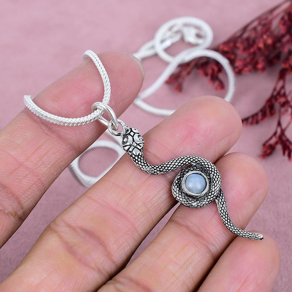 925 Sterling Silver Snake Pendant, Rainbow Moonstone Serpent Necklace, Gothic Boho Jewelry