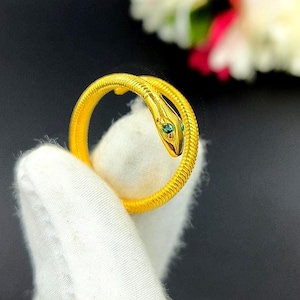 Gold Plated Brass Snake Ring, Adjustable Statement Serpent Jewelry, Green Stone Eyes