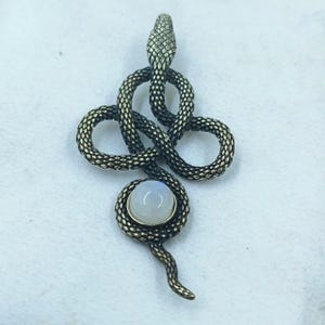 Puede incluir: Un colgante con forma de serpiente enroscada con un acabado metálico oscuro y texturizado. El cuerpo de la serpiente se enrosca sobre sí mismo y un cabujón de piedra lunar blanco, liso, redondo y translúcido está engastado en el bucle inferior.