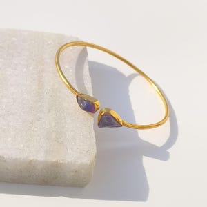 Può includere: Un braccialetto rigido color oro con due accenti di pietre preziose viola. Il braccialetto ha un design semplice e aperto con le pietre preziose poste a ciascuna estremità. Le pietre preziose sono viola scuro e hanno una forma triangolare.