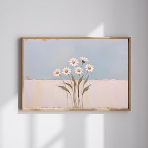 Floral Wall Art Vintage Oil Painting Printable of White Daisies, Minimal Still Life Botanical Décor Digital Download