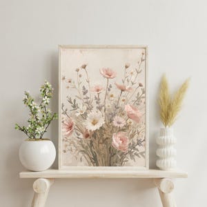 Printable Wall Art Vintage Pastel Wildflower Oil Painting, Minimal Botanical Print, Rustic Flower Digital Download