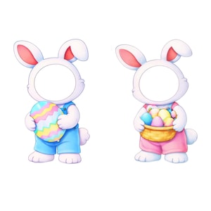 May include: Two cartoon bunny figures with white fur, pink ears, and a circular face opening. One bunny holds a large, colorful Easter egg, while the other carries a basket filled with decorated eggs. Both wear overalls.