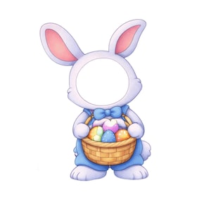 Peut inclure: Illustration d'un lapin de Pâques blanc avec un trou pour le visage. Le lapin porte une tenue bleue et un nœud papillon, tenant un panier en osier rempli d'œufs de Pâques colorés. Les oreilles du lapin ont des détails roses à l'intérieur.