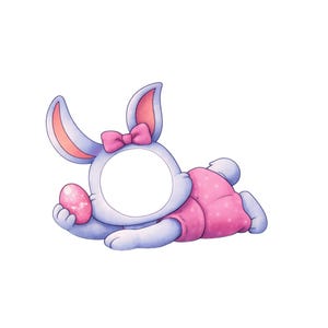 May include: A cartoon illustration of a light purple bunny wearing a pink bow and a pink polka-dot outfit, holding a pink Easter egg. The bunny has a white circle in place of its face, designed for a photo.