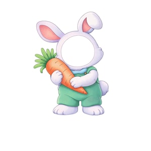 May include: A cartoon illustration of a white bunny wearing green overalls, holding a large orange carrot with green leafy tops. The bunny has a circular opening for a face, suggesting a photo prop or cutout.