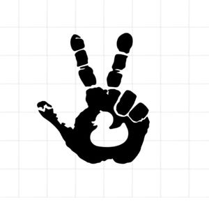 May include: A black handprint forming a peace sign, with the index and middle fingers raised. The handprint is on a white grid background. The image is a graphic design, suitable for a sticker or print.
