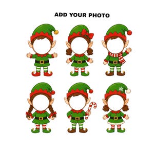 May include: A digital illustration featuring six cartoon elves with empty white circular spaces for faces, arranged in two rows. The text ADD YOUR PHOTO is centered at the top. Each elf wears a green and red outfit with striped stockings and pointed shoes.