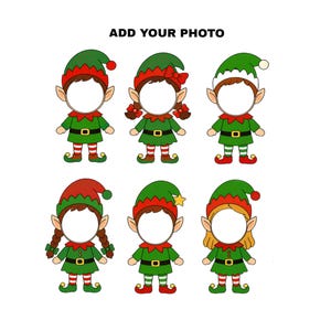 May include: Six cartoon elf illustrations arranged in two rows, each featuring a blank circular space for a face and the text ADD YOUR PHOTO at the top. The elves wear green outfits with red accents, belts, and striped stockings in various styles.
