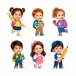 May include: A collection of six cartoon children, each with a backpack and school supplies. The children are diverse in appearance, with different hair colors and styles. One child holds an apple, and another a large pencil.