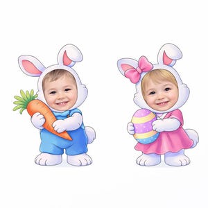 May include: Two children dressed as Easter bunnies. One child wears a blue outfit and holds a large orange carrot. The other child wears a pink dress and holds a decorated Easter egg. Both children have their faces in the bunny costumes.